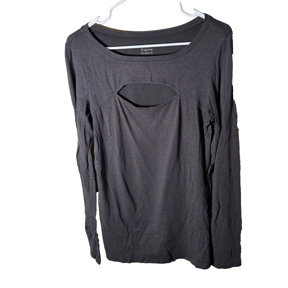 Express T-Shirt Women's Large Gray Metallic Keyhole Long Sleeve Sexy Basic Tee